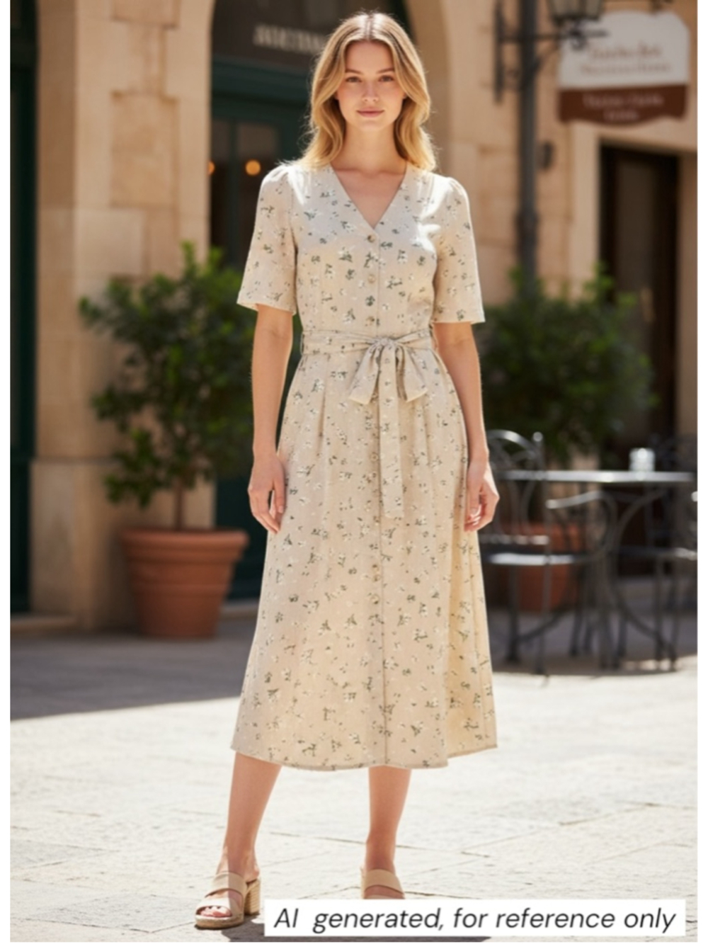 OAK + FORT Puff Sleeves Floral Green Midi Dress, Casual Feminine, Sz M